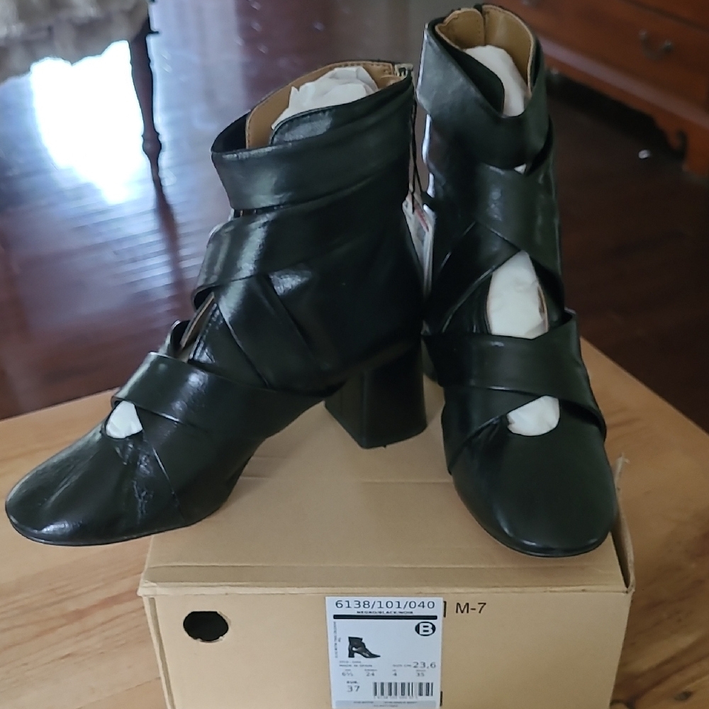 NIB Zara Black Leather Ballerina Strappy Heeled Boots Sz 6.5/37 Bundle Discount